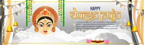 illustration of Goddess Durga Face in Happy Durga Puja Subh Navratri abstract background with text Durga puja means Durga Puja