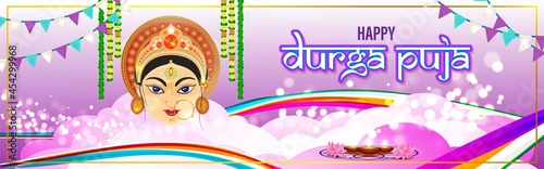 illustration of Goddess Durga Face in Happy Durga Puja Subh Navratri abstract background with text Durga puja means Durga Puja