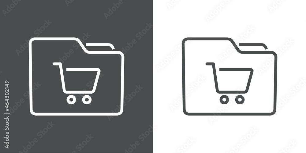 Icono compra online. Silueta de carpeta con carrito de la compra con lineas en fondo gris y fondo blanco Icono compra online. Silueta de carpeta con carrito de la compra con lineas en fondo gris y fondo blanco