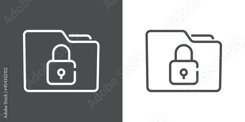 Icono almacenamiento de datos seguro. Silueta de carpeta con candado con lineas en fondo gris y fondo blanco