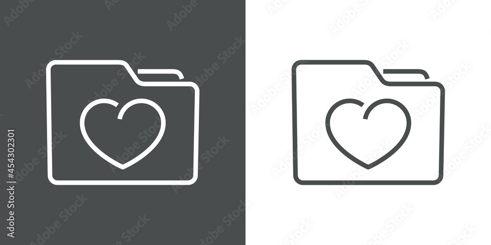 Icono silueta de carpeta con corazón con lineas en fondo gris y fondo blanco Icono silueta de carpeta con corazón con lineas en fondo gris y fondo blanco