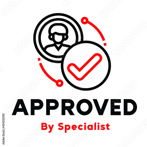 Approved by specialist icon red and black on white, correct with person icon