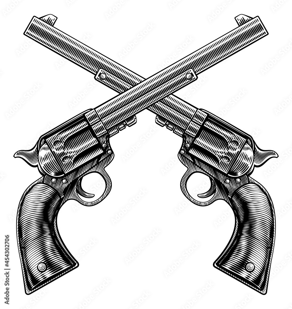 Cross Gun Revolver Western Cowboy Pistols Woodcut Stock Vector | Adobe ...