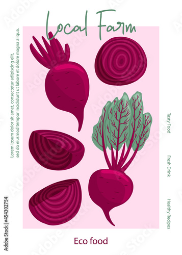Veggie beetroot chips packaging design in cartoon style. Bright beet vegetables. Healthy organic beets with leaves.