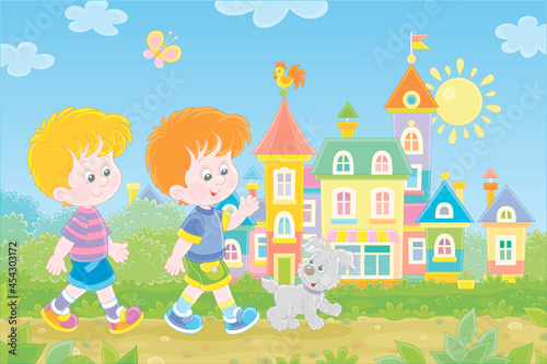 Happy little boys friendly smiling  talking and walking with their merry pup along a pretty street of a small colorful town on a sunny summer day  vector cartoon illustration
