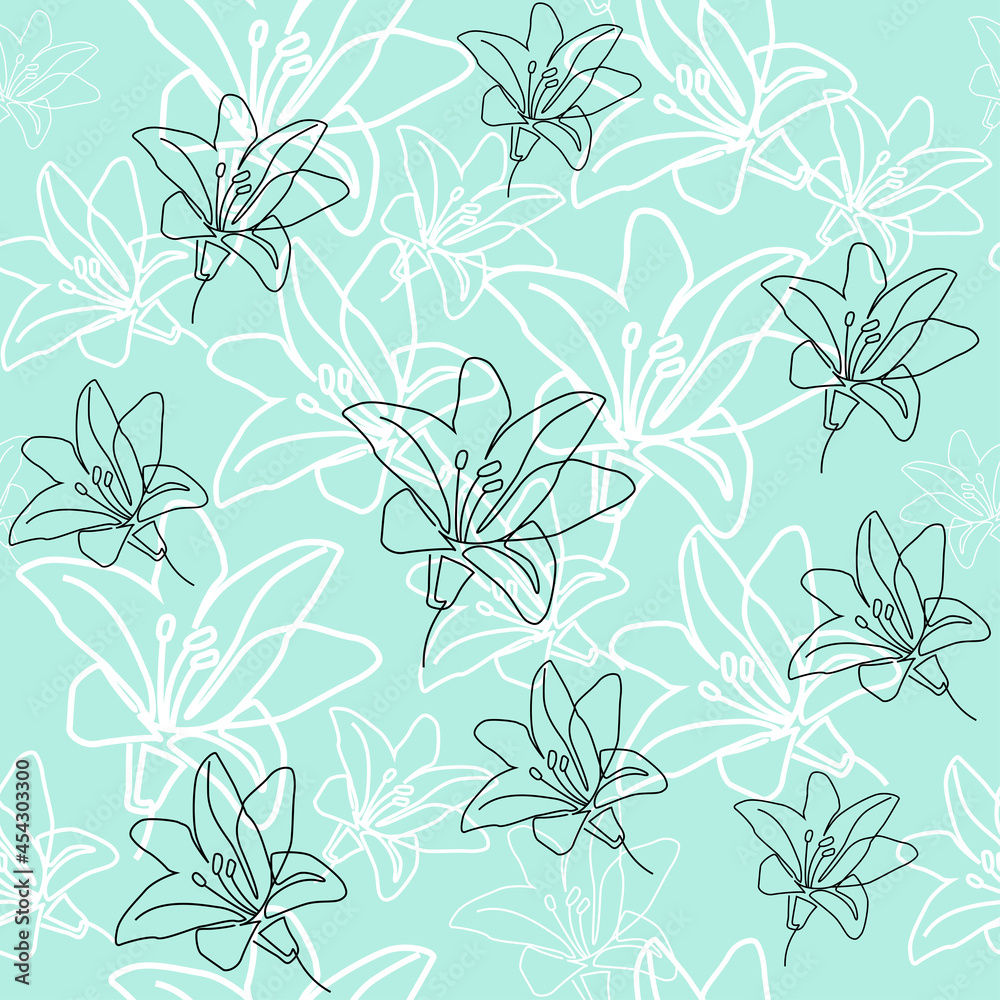 Lily flowers seamless pattern on a blue background. Vector illustration. One line drawing modern trend. Fashion and beauty