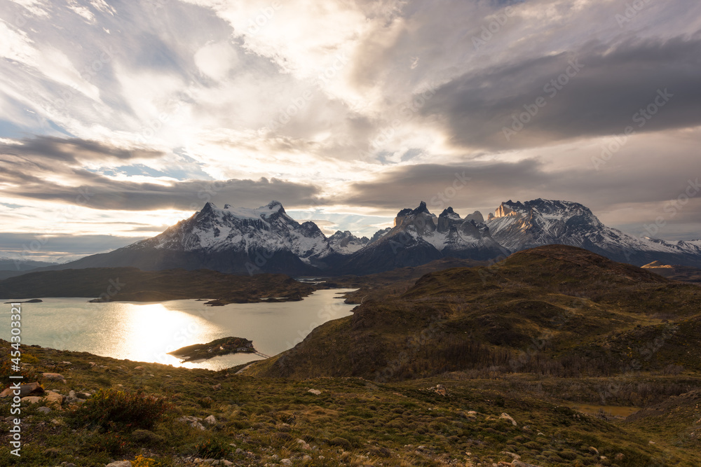 Chile's natural scenery, world-famous mountain peaks, travel in Torres del Paine National Park, Chile, South America. Autumn theme.