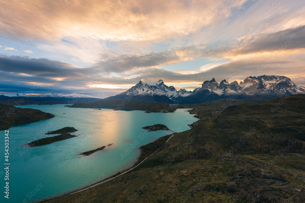 Chile's natural scenery, world-famous mountain peaks, travel in Torres del Paine National Park, Chile, South America. Autumn theme.