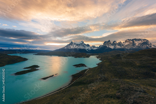 Chile's natural scenery, world-famous mountain peaks, travel in Torres del Paine National Park, Chile, South America. Autumn theme.