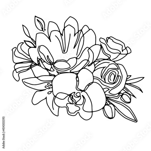 Vector illustration with beautiful bouquet. Minimalism trend. One line drawing modern trend. Fashion  beauty  design  logo salon