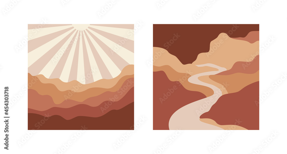 Vector square illustrations in simple line style - boho abstract print - simple natural landscape with mountains and hills