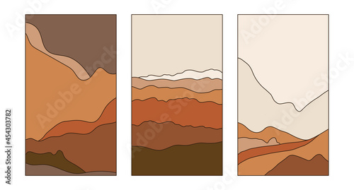 Vector vertical illustrations in simple line style - boho abstract print - simple natural landscape with mountains and hills © venimo