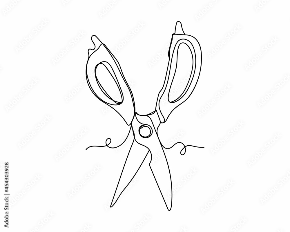 Continuous one line drawing of kitchen scissors icon in silhouette on a white background. Linear