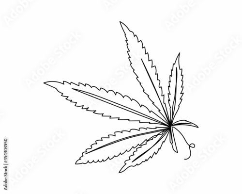 Continuous one line drawing of lush hemp leaf icon in silhouette on a white background. Linear stylized.