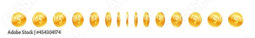 Set of rotating gold coin with dollar symbol for award. Golden money row in different angle for animation. Used for gambling game, virtual jackpot vector illustration isolated on white background