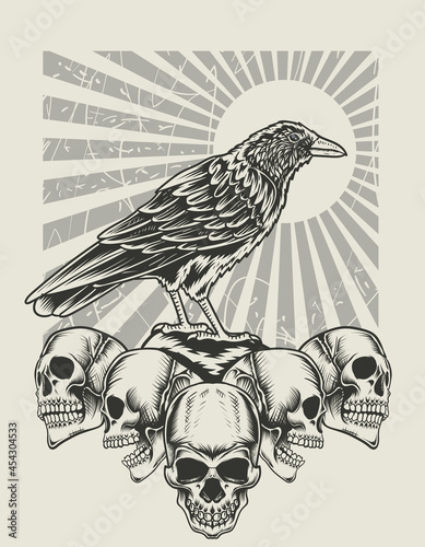 illustration crow bird with skull head monochrome style