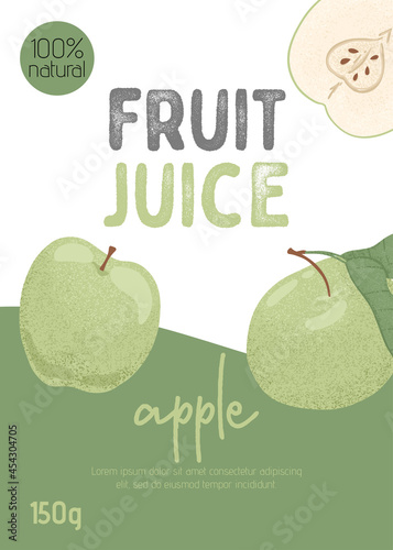 Fruit apple juice card design. Sweet apple fruits vector hand drawn banner concept. Bright tasty fruit.