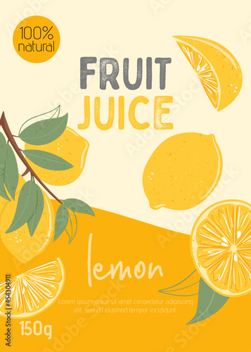 Fruit lemon juice packaging design. Lemon fruits on branch with leaves vector hand drawn card design with text.