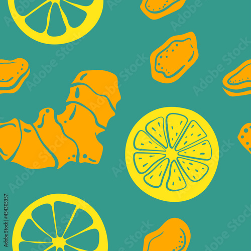 Seamless pattern with lemon and ginger. Colorful paper cut immunity food collection isolated on blue background. Doodle hand drawn vector illustration.