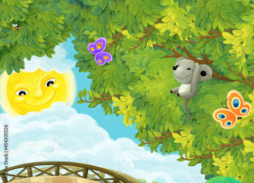 cartoon scene with park or forest and sun illustration