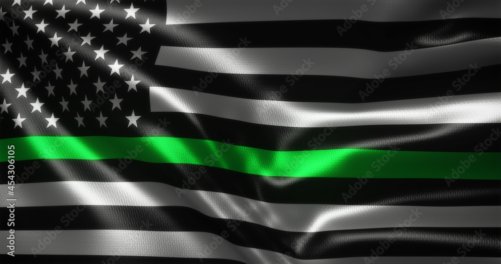 Thin Green Line Flag, United States of America flag with waving folds,  close up view, 3D rendering Stock-illustration | Adobe Stock