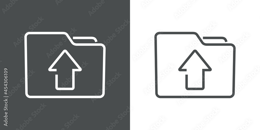 Icono subir. Silueta de carpeta con flecha arriba con lineas en fondo gris y fondo blanco Icono subir. Silueta de carpeta con flecha arriba con lineas en fondo gris y fondo blanco