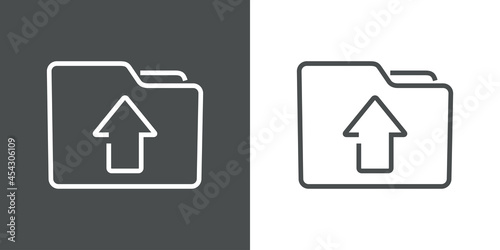 Icono subir. Silueta de carpeta con flecha arriba con lineas en fondo gris y fondo blanco