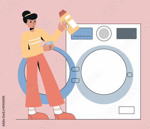 Woman doing laundry. Female character with washing gel loading washing machine. Flat illustration.