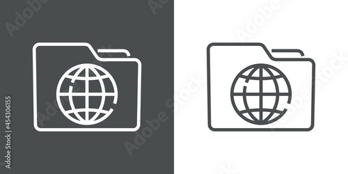 Icono silueta de carpeta con globo terráqueo con lineas en fondo gris y fondo blanco