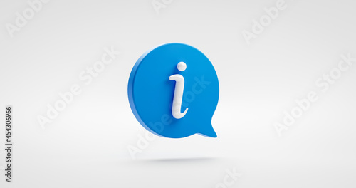 Blue information icon sign or info illustration bubble symbol design and website internet button isolated on white background with communication business graphic element. 3D rendering. photo