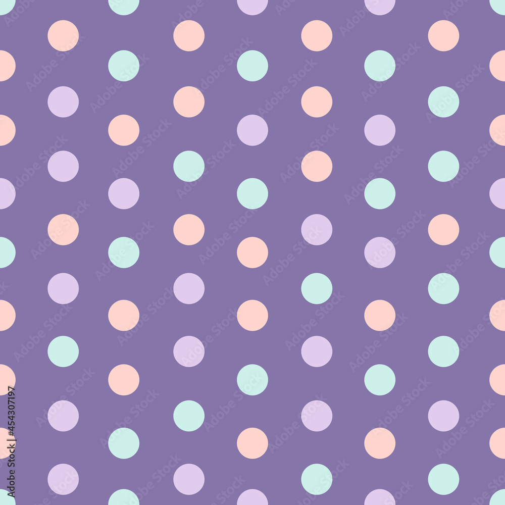 Halloween seamless pattern with polka dots isolated on purple background. Kawaii decor for holiday party. Fun colorful vector texture for wrapping paper, print, card, gift, fabric, textile, wallpaper.