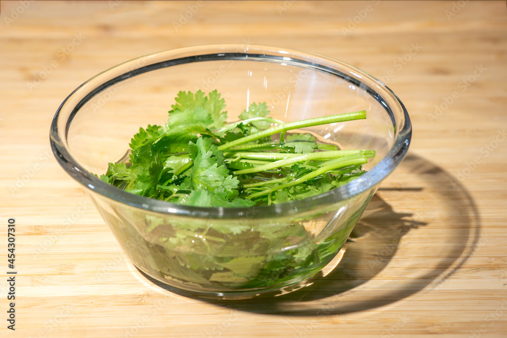 Close up with fresh coriander is prepared in a water glass bowl on wood plate background. Close up with fresh coriander is prepared in a water glass bowl on wood plate background.