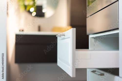 focus on hanger aluminum at White drawer in kitchen room.