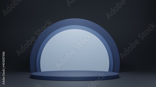 3D render of circle on pedestal in blue monochrome color, empty space for text or object © chalyshevae