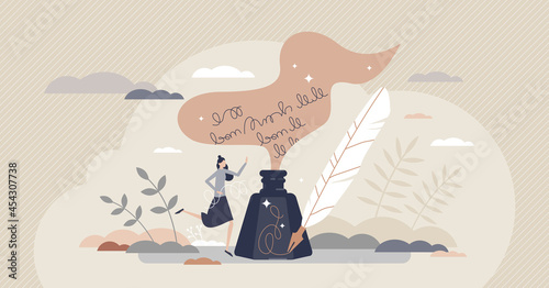 Poetry and literature story writing with ink and feather tiny person concept. Author creative handwriting process scene as classic arts and culture vector illustration. Novel manuscript or calligraphy photo