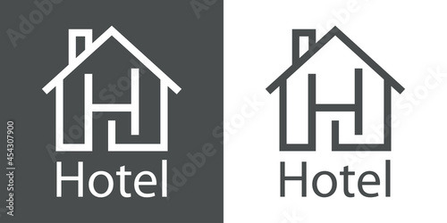 Logotipo con texto Hotel con letra inicial H con forma de silueta de casa en fondo gris y fondo blanco