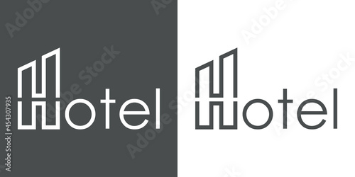 Logotipo con texto Hotel con letra inicial H con forma de silueta de casa en fondo gris y fondo blanco