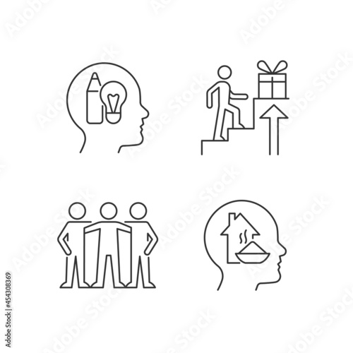 Motivational boosters linear icons set . Reward and affiliate motivation. Human basic needs. Customizable thin line contour symbols. Isolated vector outline illustrations. Editable stroke