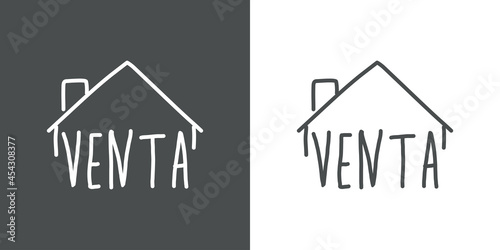 Real Estate. Venta de inmuebles. Logotipo con texto manuscrito Venta en español escrito a mano con tejado con lineas en fondo gris y fondo blanco