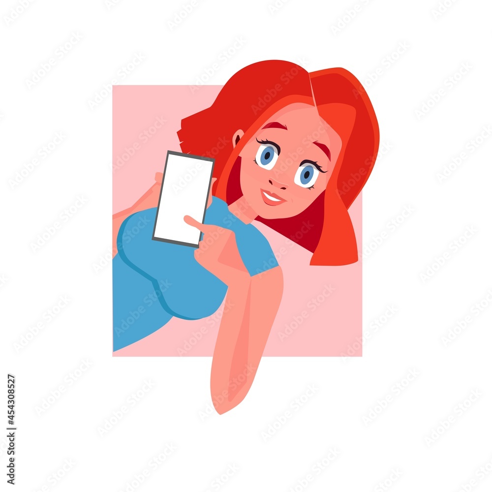 girl with  smartphone, cartoon style, can be used with any of your advertising slogan