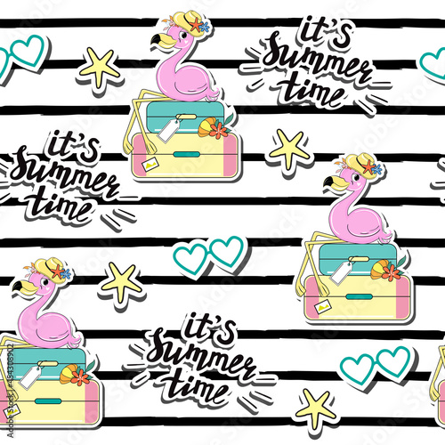 Summer fashion patch badges with flamingo with suitcase and summer items seamless pattern. Vector illustration for kids t-shirt design. Vacation concept