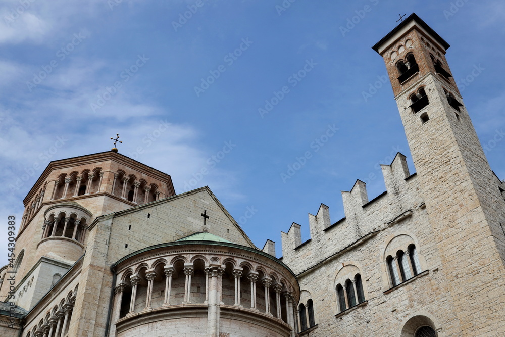 Closeup of the San Vigilio Cathedral or Duomo di Trento in Romanesque and Gothic style, Trento, Italy.