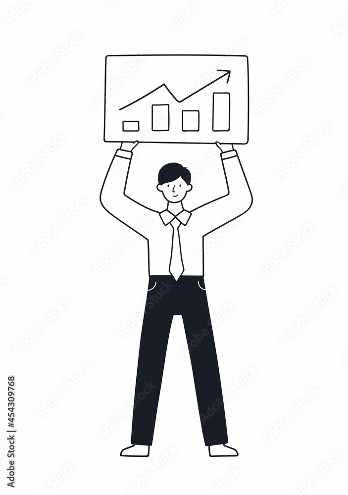 Businessman makes project presentation. Manager showing the success. Business analysis concept. Doodle style vector illustration. Businessman makes project presentation. Manager showing the success. Business analysis concept. Doodle style vector illustration.