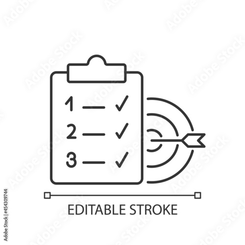 Clear goals linear icon. Reach goal step by step within timeline. Aim accomplishment. Thin line customizable illustration. Contour symbol. Vector isolated outline drawing. Editable stroke