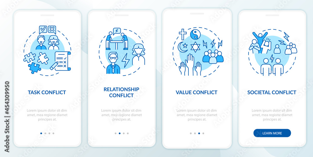 Conflict types blue onboarding mobile app page screen. Work relations walkthrough 4 steps graphic instructions with concepts. UI, UX, GUI vector template with linear color illustrations