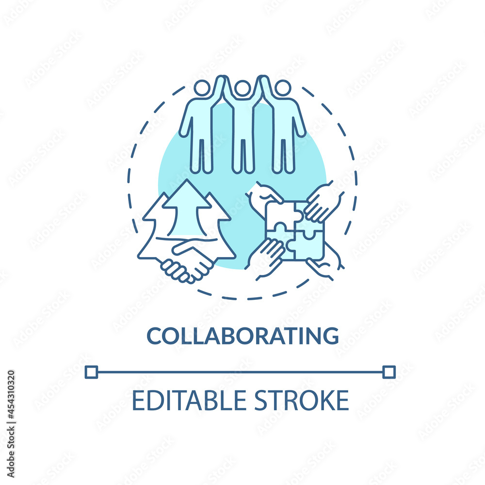 Collaborating blue concept icon. Team cooperation. Productive relationship. Conflict management strategy abstract idea thin line illustration. Vector isolated outline color drawing. Editable stroke