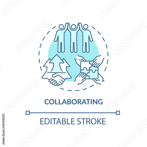 Collaborating blue concept icon. Team cooperation. Productive relationship. Conflict management strategy abstract idea thin line illustration. Vector isolated outline color drawing. Editable stroke
