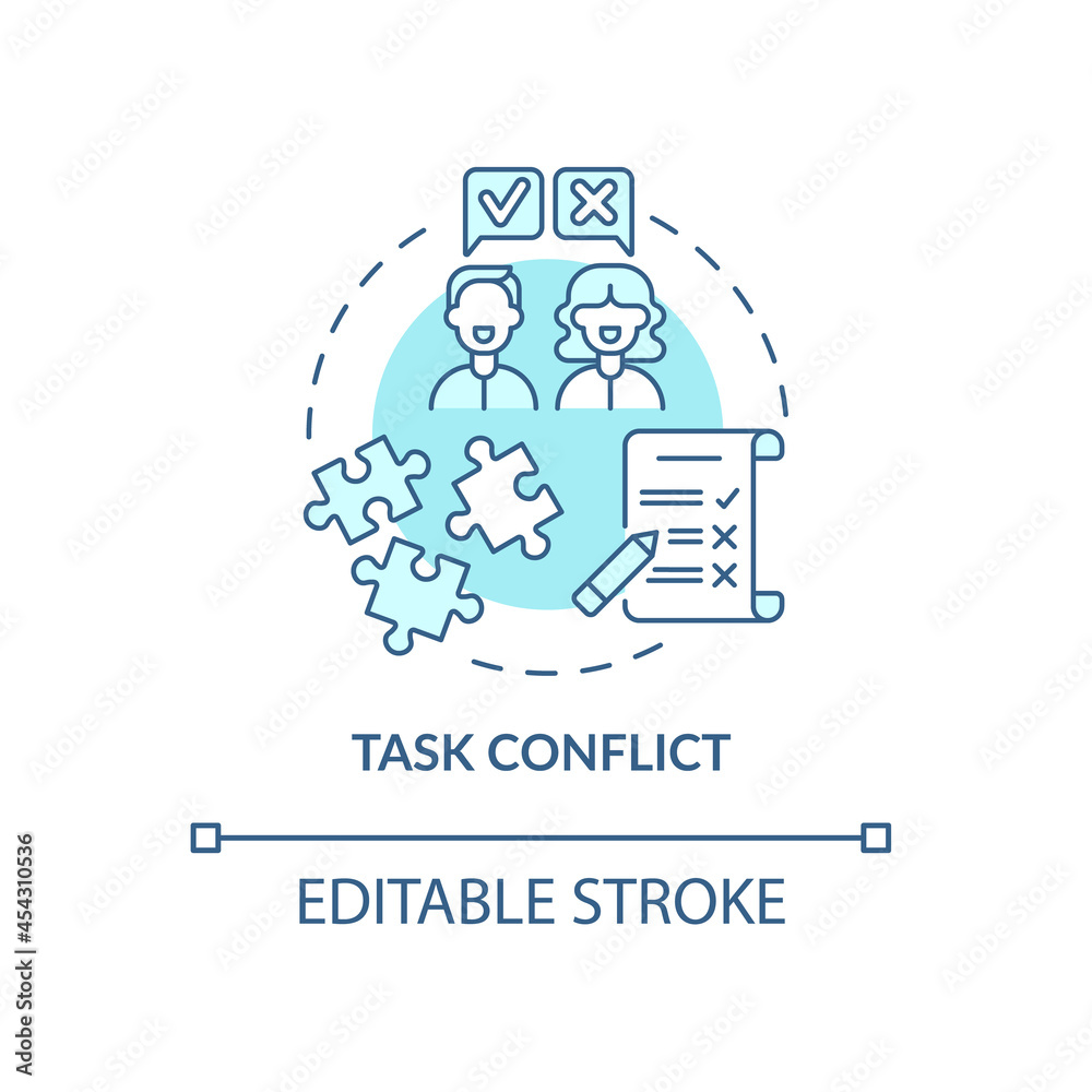 Task conflict blue concept icon. Coworkers disagree on group assignment. Team dispute. Conflict management abstract idea thin line illustration. Vector isolated outline color drawing. Editable stroke Task conflict blue concept icon. Coworkers disagree on group assignment. Team dispute. Conflict management abstract idea thin line illustration. Vector isolated outline color drawing. Editable stroke