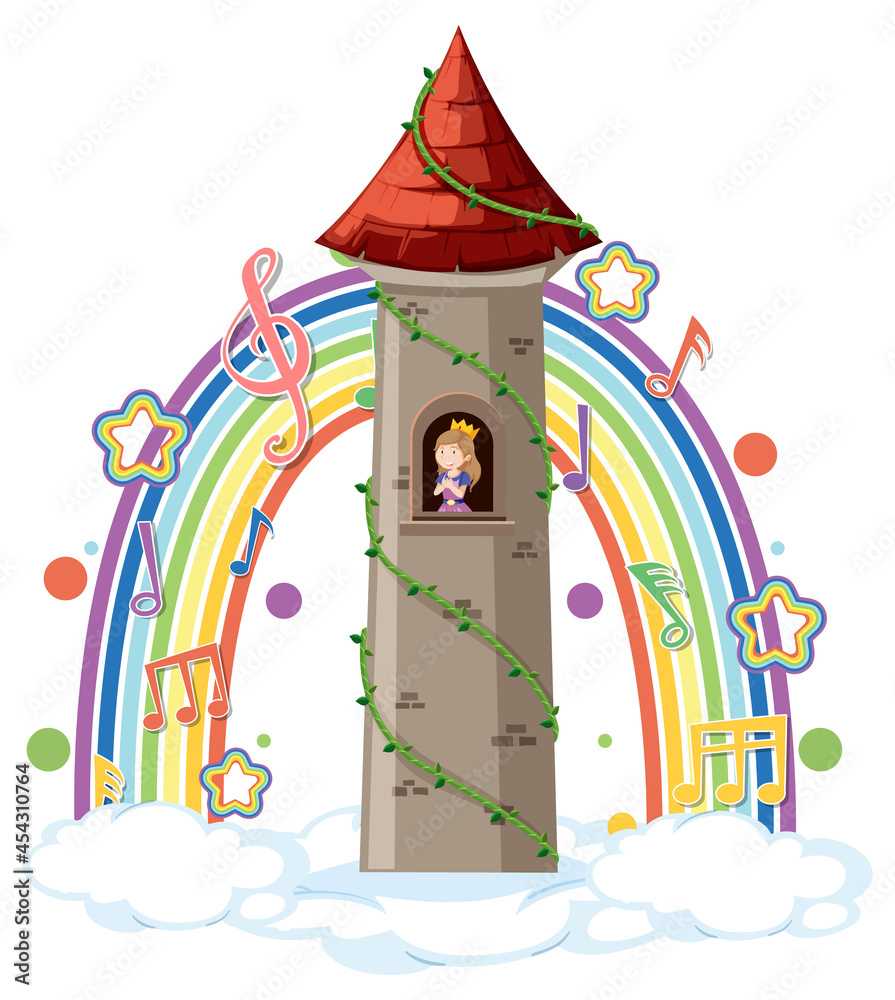 Princess in tower with melody symbol on rainbow