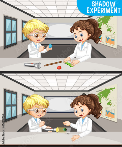 Shadow experiment with scientist kids cartoon character